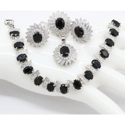 Black Zirconia Africa Jewelry Sets Sterling Silver Color Trendy Europe Pendant Necklace Earring Bracelet Ring for Women Gift