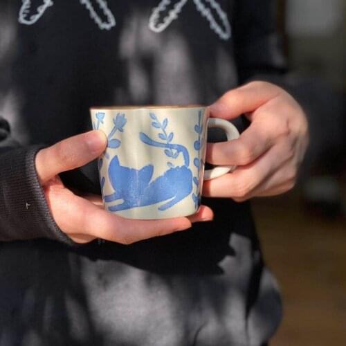 Design Style Underglaze Color Retro Cat Blue Fairy Tale Dove Coffee Mug