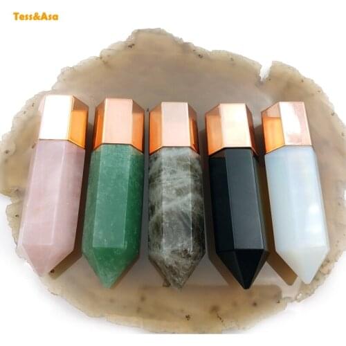Natural Crystal Hexagon Prism Perfume Bottle Jewelry Rose Quartz Amethyst Chakra Opal Perfume Gemstones Vial Jewelry For Women