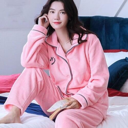 H5831 Women Pajamas Suit Thickened Plus Velvet Casual Home Wear Flannel Autumn Winter Long Sleeve Coral Fleece Easy Nightwear