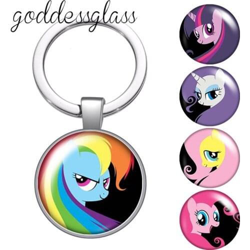 Lovely cartoon horse Kids gift colorful Cute glass cabochon keychain Bag Car key chain Ring Holder Charms keychains for Gifts