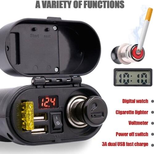Multifunctional Motorcycle USB Mobile Phone Charger With Waterproof Dustproof Cover Voltage Timetable Display Igniter Power Cord