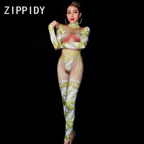 Fashion Glisten Gold Rhinestones Printed Sexy Womens Birthday Party Nude Bodysuit Nightclub Female Show Stage Clothes