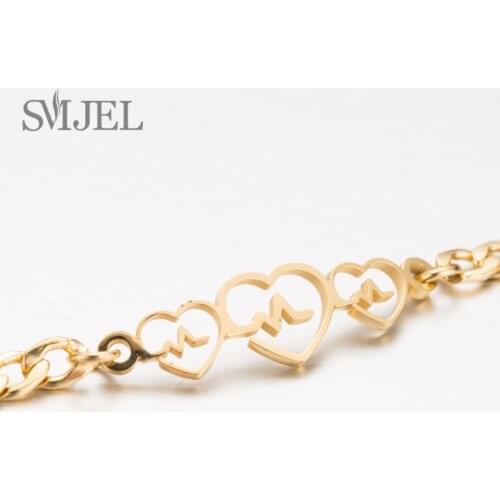 SMJEL Fashion Gold Heart Charm Bracelet Stainless Steel Heartbeat Bracelets For Women femme Valentines Day jewellery Gift