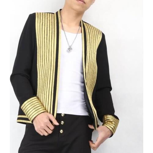 100%real men medieval black with golden stripe vintage event/stage performance short tuxedo jacket/stage performance/ASIA SIZE