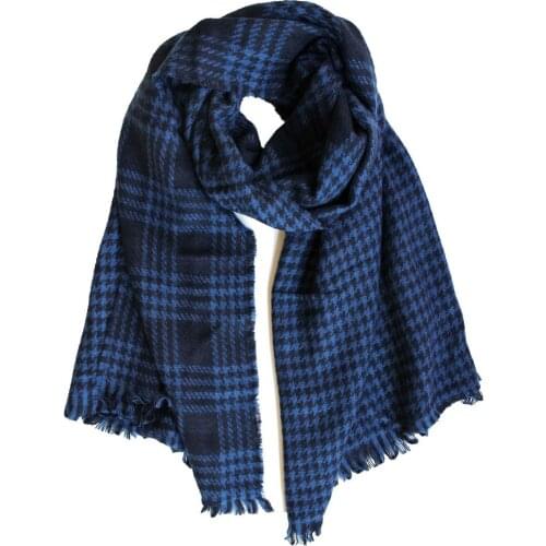Mens Scarf In Dark Blue Tartan Plaid Wool Tartan Two-tone Fat Scarf Men
