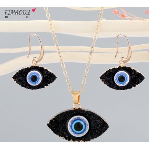FIMAODZ Gold Color Evil Eye Jewelry Sets Turkish Black White Eyes Resin Earrings Necklace Set for Women Lady Fashion Gift