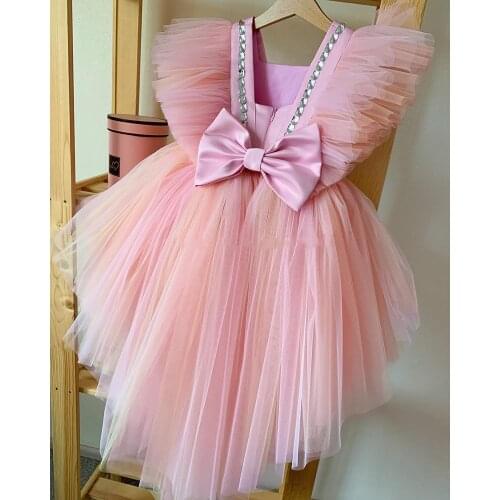 Flower Girl Dresses Elegant Pink Tulle Sleeveless Cascading Kids Pageant Gowns First Birthday Dresses