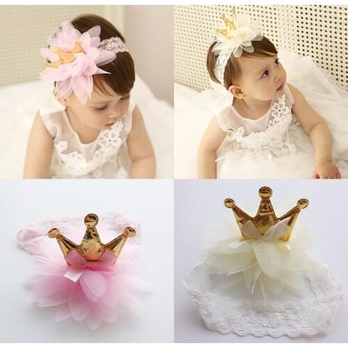 Creative Pink And Beige Crown Flowers Hairbands Children Headbands Elastic Hair Band Kids Hair Accessories Girls Headwear