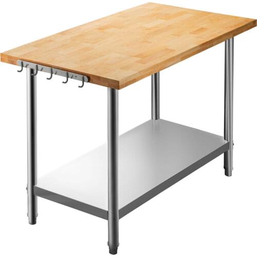VEVOR Maple Top Professional Kitchen Prep Work Table Wood Stainless Steel Undershelf 1-1/2" Thick for Gardens Warehouse Garage