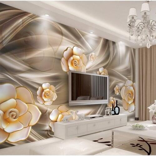 Bacaz European Style Luxury Golden 3D Flower Jewelry Pattern Background flower Mural Wallpaper For Living Room Home Decor