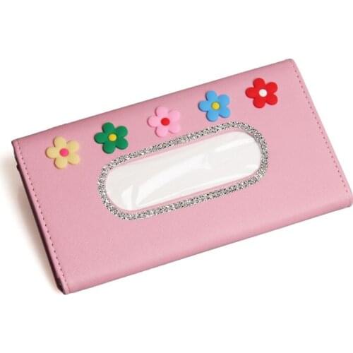 Pink Car Tissue Box Sun Visor Holder Rhinestone Crystal Leather Auto Tissue Bag Sunvisor Hanging Case Napkin For Car Accessories