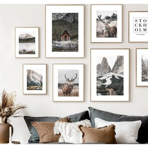 Deer Calm Lake House Mountain Forest Nordic Posters And Prints Fall Wall Art Canvas Painting Wall Pictures For Living Room Decor