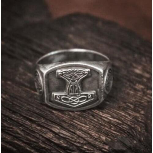 Nordic Thor Hammer Signet Rings Men Viking Pagan Mjolnir Protection Ring Jewelry