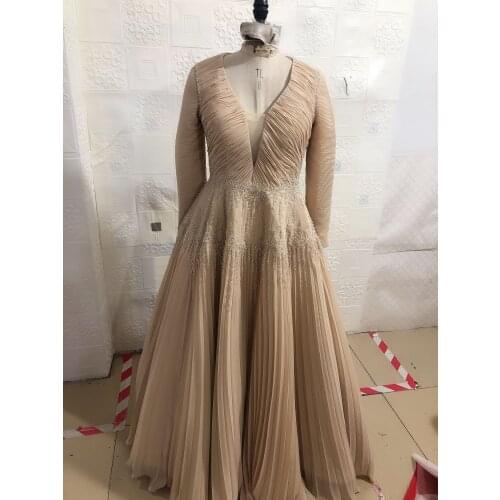 Heavy beads pleat evening gown Платья для выпускного elegant abiti da cerimonia long sleeves evening dresses XD-194