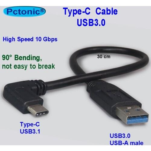 PCTONIC Bending Type-C USB Cable high-speed USB3.0 male to angle USB-C male power Link adapter 30cm short for samsung huawei
