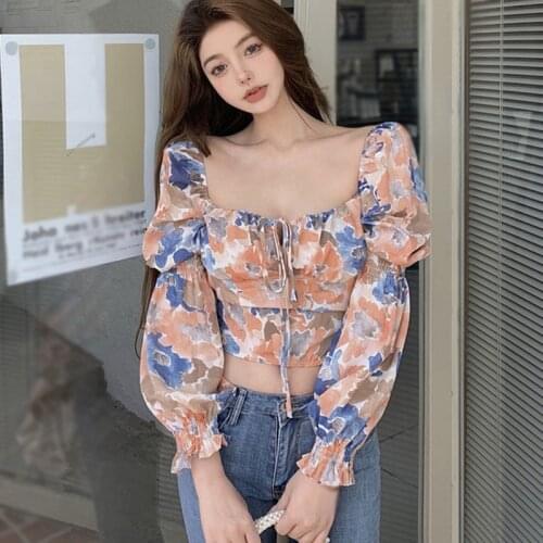 Womens Fashion Shirt Korean Style Square Collar Floral Print Sexy Sweet Long Sleeves Chiffon Blouses 2021