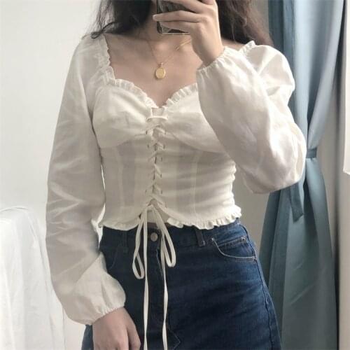 Lolita Retro Plaid Shirt Wooden Ear Strap Long-sleeved Shirt Female White Shirt