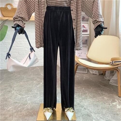 2021 Summer Women Loose Soft Pleated Pants Elegant Solid High Waist Casual Slit Ice Silk Trousers Wide Leg Pants Plus Size M-8XL