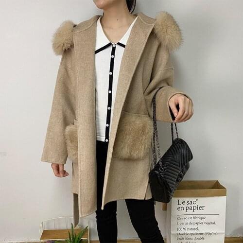Womens Classic Hooded Wool Coat With Real Fur Collar New Winter Female Oversize Belted Cardigan Outerwear With Pocket Fur