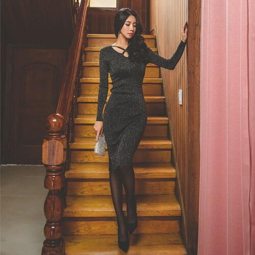Elegant Korean Spring Bright Black Women Dress V-neck Side Split Skinny Female Sweater Dress Sexy Pencil Knitted Vestidos femme
