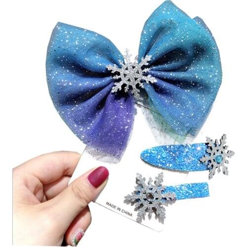 1Pc Girl Big Glitter Blue Hair Bow Snowflake Kids Hairpins Hair Clip rope For Children Hair Accessories Retal Hair Clip Women