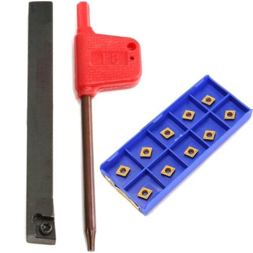 10pcs High Strength CCMT060204-HM Carbide Inserts & 1pc SCLCR0808F06 Lathe Turning Tool Holder 80mm Boring Bar with Wrench