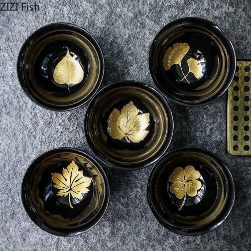 120ML High Quality Chinese Kung Fu Tea Cups Black Ceramics Tea Cup Set Leaves Pattern Ceramic Green Tea Tieguanyin Teacup