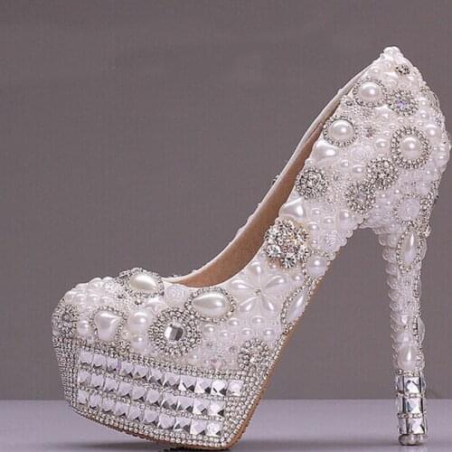 2018 Luxurious Prom Pumps Cow Split Party Show Shoes Pearl and Rhinestone Platform 2 Colors Wedding Shoes for Bridal