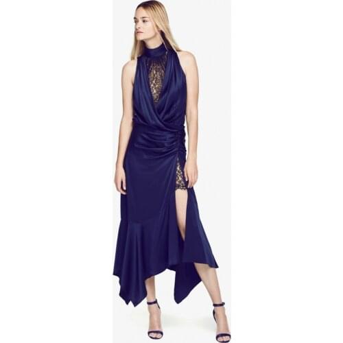 2020 Latest Fashion Graceful Loose Satin With Lace Midi Women Dress High Split Birthday Party Vestido Outfit Wholesale