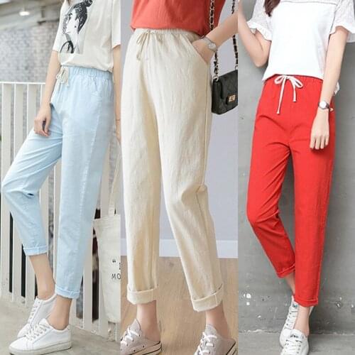 2021 Hot Sale Streetwear Summer Women Candy Colored Cotton Linen Harem Pants Elastic High Waist Trousers Sweatpant Casual Pants