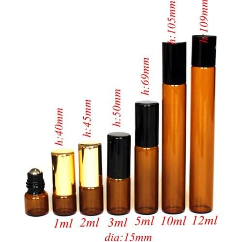 5pcs/pack 3ml Amber Glass Roll on Bottle Thin Glass Essential Oil Bottle wih Metal Roller Ball Aromatherapy Glass Vials