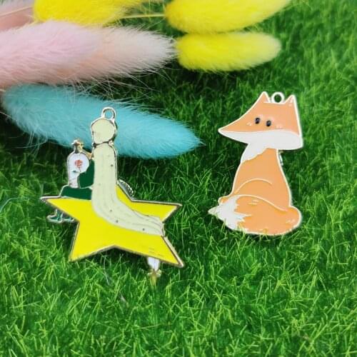 ApeUr 10pcs Cartoon Little Boy & Fox Alloy Enamel Charms Prince Sit On Star Pendants For Couple Necklace Key Ring Jewelry Make