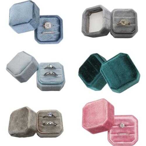 Velvet Double Ring Box Octagon Wedding Ceremony Ring Box with Detachable Lid