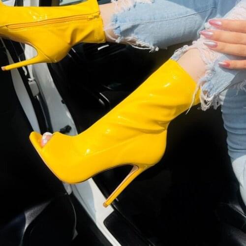 Shiny Patent Leather Ankle Boots High Heels Open Toe Yellow Pink Mirror Leather Shoes Thin Heels Zipper Party Club Shoes