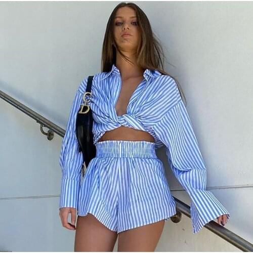 BoozRey Womens Summer New Fashion Striped Lapel Single-breasted Long Long Sleeve Shirt Waist Wide Leg Shorts Street Casual Suit