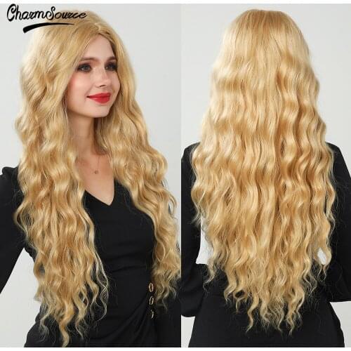 CharmSource Long Water Wavy Blonde Front Lace Synthetic Wigs for Black White Women Daily Hair Wig High Density Heat Resistant