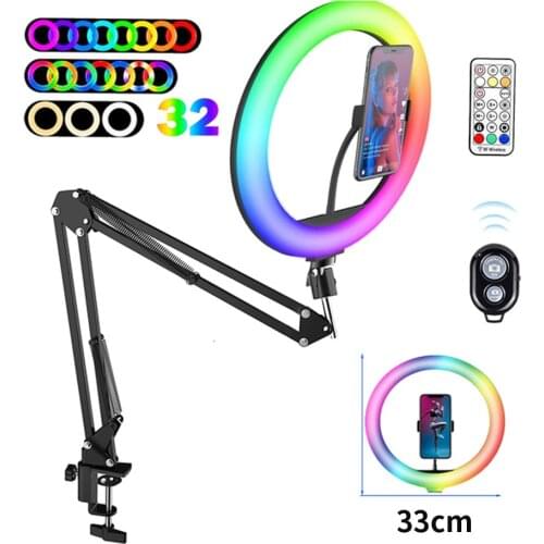 Long Arm Tablet Tripod Phone Holder Stand Photography Lighting Selfie Ring Light RGB Color Soft Ring Light Circle Lamp With Desk