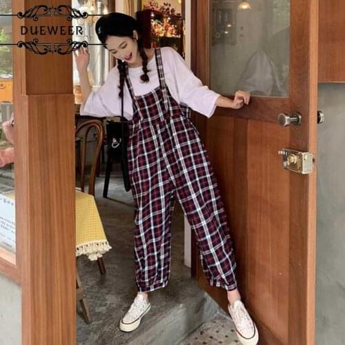 Dueweer Women Ankle-length Wide-leg Jumpsuits Plaid Vintage Students Ulzzang Loose Casual Stylish Strap Outwear Chic