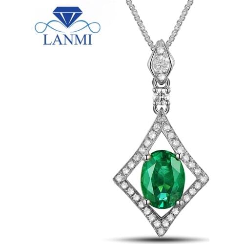 Fantastic Oval 6x8mm Wholesale Gemstone Solid 14Kt White Gold Natural Emerald Diamond Wedding Pendant Necklace for Women Party