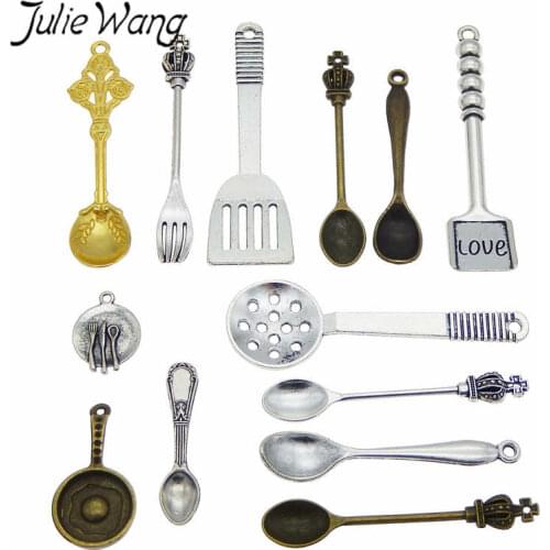 Julie Wang 12PCS Mixed Spoon Cooking Shovel Saucepan Fork Charms Alloy Tableware Bracelet Jewelry Making Pendant Metal Accessory