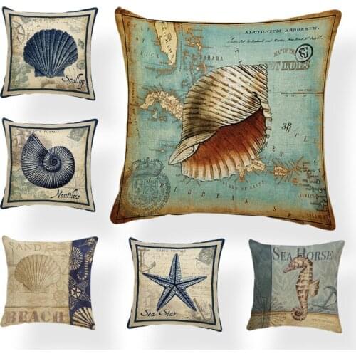 Classic Retro Marine Animal Cushion Set Conch Scallop Home Decoration Sofa Pillowcase Starfish Lobster Polyester Linen Pillow
