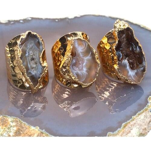 Agates Druzy Slice Handmade Electroplated Goldtone Plated Free Form Ring from Brazil Natural Stone Style