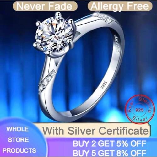 YANHUI With Certificate 100% Real 925 Sterling Silver Jewelry Round Cut 1 Carat Lab Diamond Engagement Wedding Rings for Women