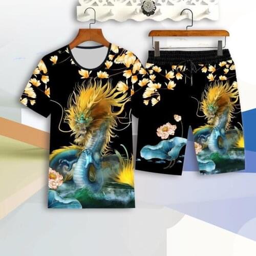 2 piece casual wear mens suit 3D dragon print short-sleeved T-shirt and shorts suit summer fashion mens Asian size L-4XL