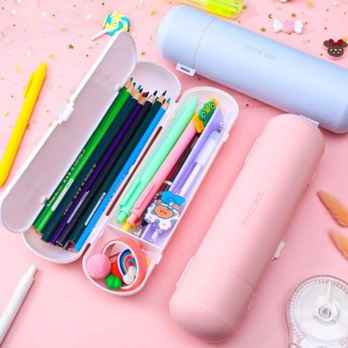 Round Double-layer Pencil Box Student Ins Girl Heart Large-capacity Pencil Case Frosted Macaron Stationery Storage Box