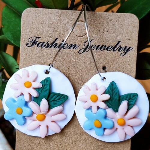 Boho Trendy Hot Sale Jewelry Sunflower Flower Cute New Colorful Polymer Clay Geometric Statement Textured Handmade Drop Earrings