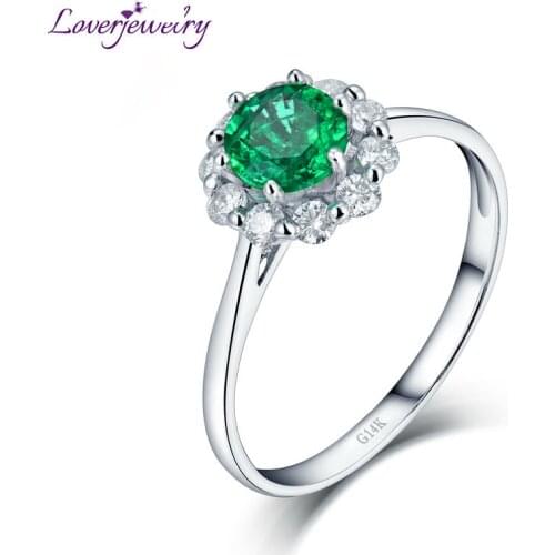 LOVERJEWELRY Fashion Rings Solid 14K White Gold Real Diamond Natural Round Shape Emerald Promised Rings for Women Loving Gift