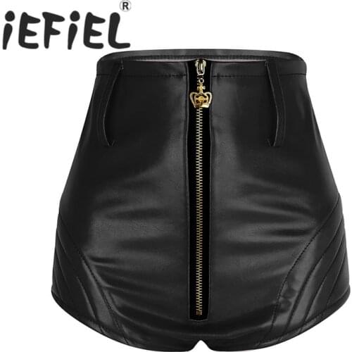 Fashion Women Wet Look Front Zipper High Waisted Booty Shorts Bottoms with Belt Tight Shorts for Nightclub Costume Party Clothes
