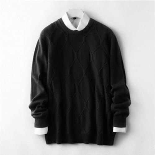 Pure cashmere Oneck knit men fashion argyle loose thick pullover sweater solid color S-3XL